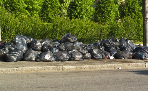 A long row of black plastic rubbish bags filled with waste are lined up along the edge of a paved roadside on a concrete curb. The bags appear to contain household or commercial refuse and are piled haphazardly, with some bags slightly bulging or leaning against each other. Behind the rubbish bags, there is a backdrop of green foliage, including dense bushes and tall trees with lush leaves, suggesting a natural or semi-rural setting near Weybridge. The pavement and curb are clean, and the overall scene indicates a waste collection or disposal area, which a professional rubbish removal service such as Commercial Waste Weybridge might address in its local area. The lighting suggests daylight with natural sunlight illuminating the scene evenly, highlighting the texture of the bags and the greenery behind them.